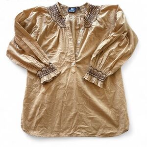 Madison Mathews Tan Long-Sleeve Blouse with Embroidered Details